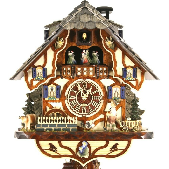 Horloge coucou Forêt-Noire chalet musical avec danseurs et roue de moulin 43 cm zoom