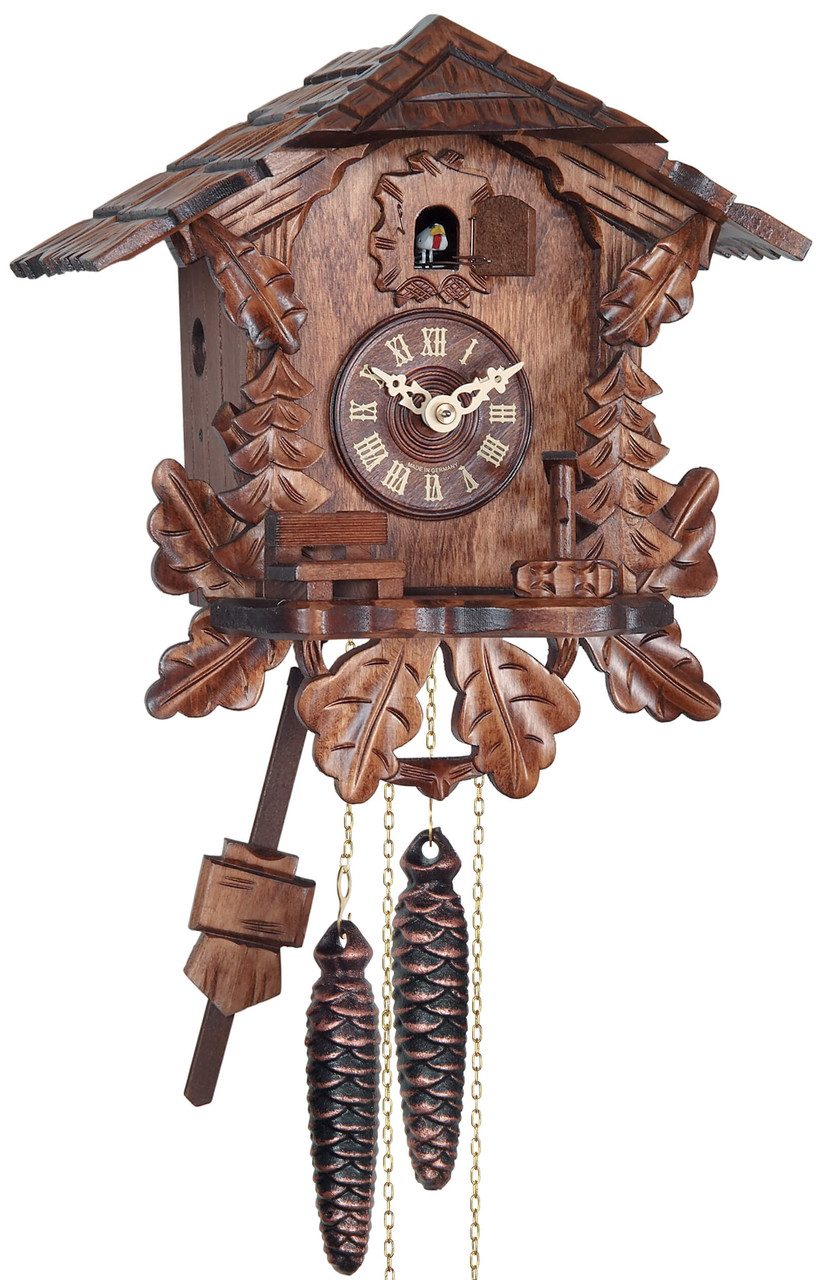 Horloge coucou m&eacute;canique chalet 1 jour feuilles de ch&ecirc;ne
