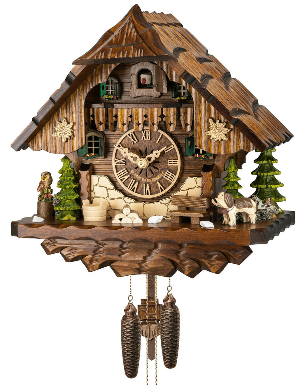 Horloge coucou m&eacute;canique 1 jour chalet chien et hibou 28 cm