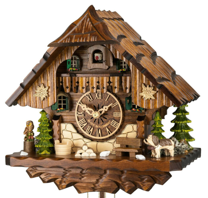 Horloge coucou mécanique 1 jour chalet chien et hibou 28 cm_zoom