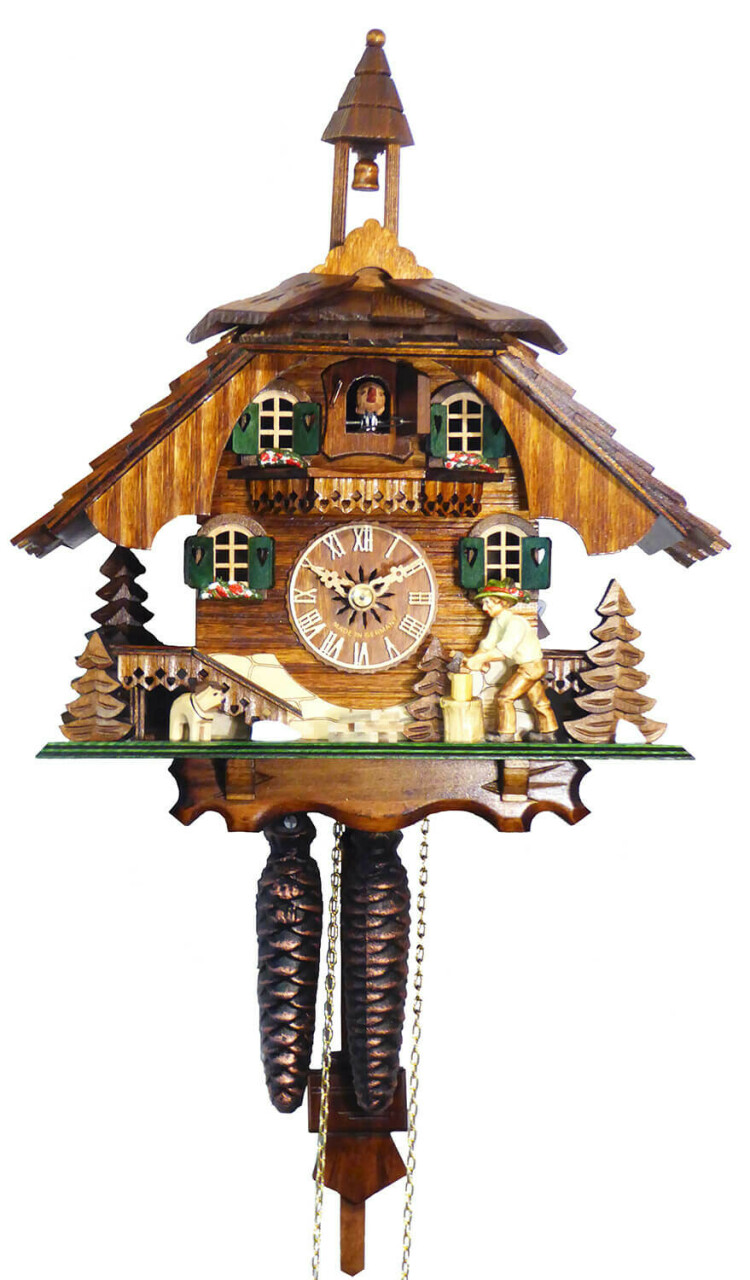 Horloge coucou m&eacute;canique 1 jour chalet b&ucirc;cheron et clocher 31 cm