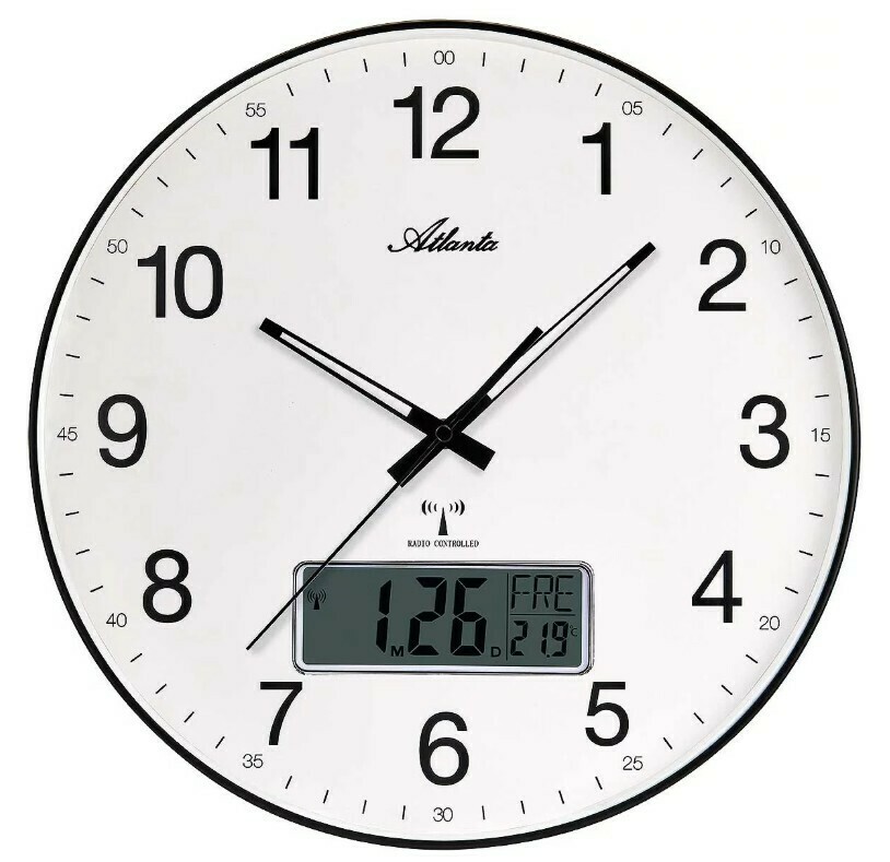 Horloge murale ronde noire radio pilot&eacute;e affichage jour date et temp&eacute;rature