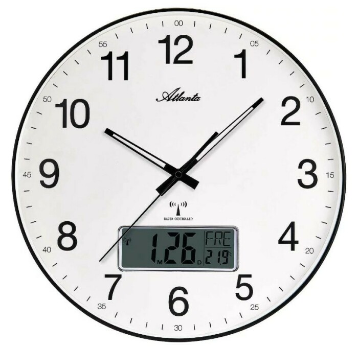 Horloge murale ronde noire radio pilot&eacute;e affichage jour date et temp&eacute;rature