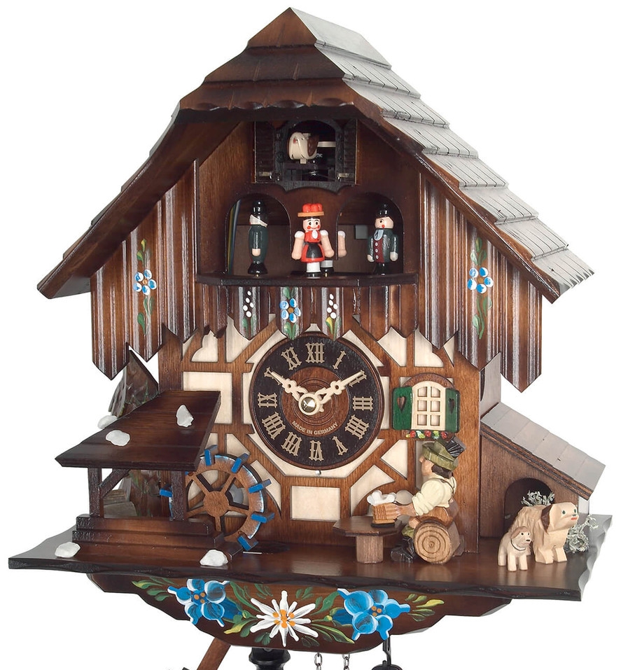 Horloge coucou m&eacute;canique 1 jour musical buveur de bi&egrave;re roue &agrave; eau 30 cm gros plan