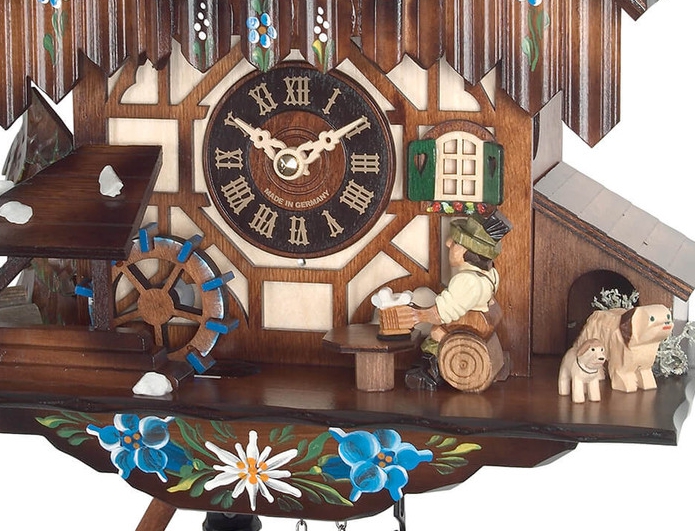 Horloge coucou m&eacute;canique 1 jour musical buveur de bi&egrave;re roue &agrave; eau 30 cm personnage