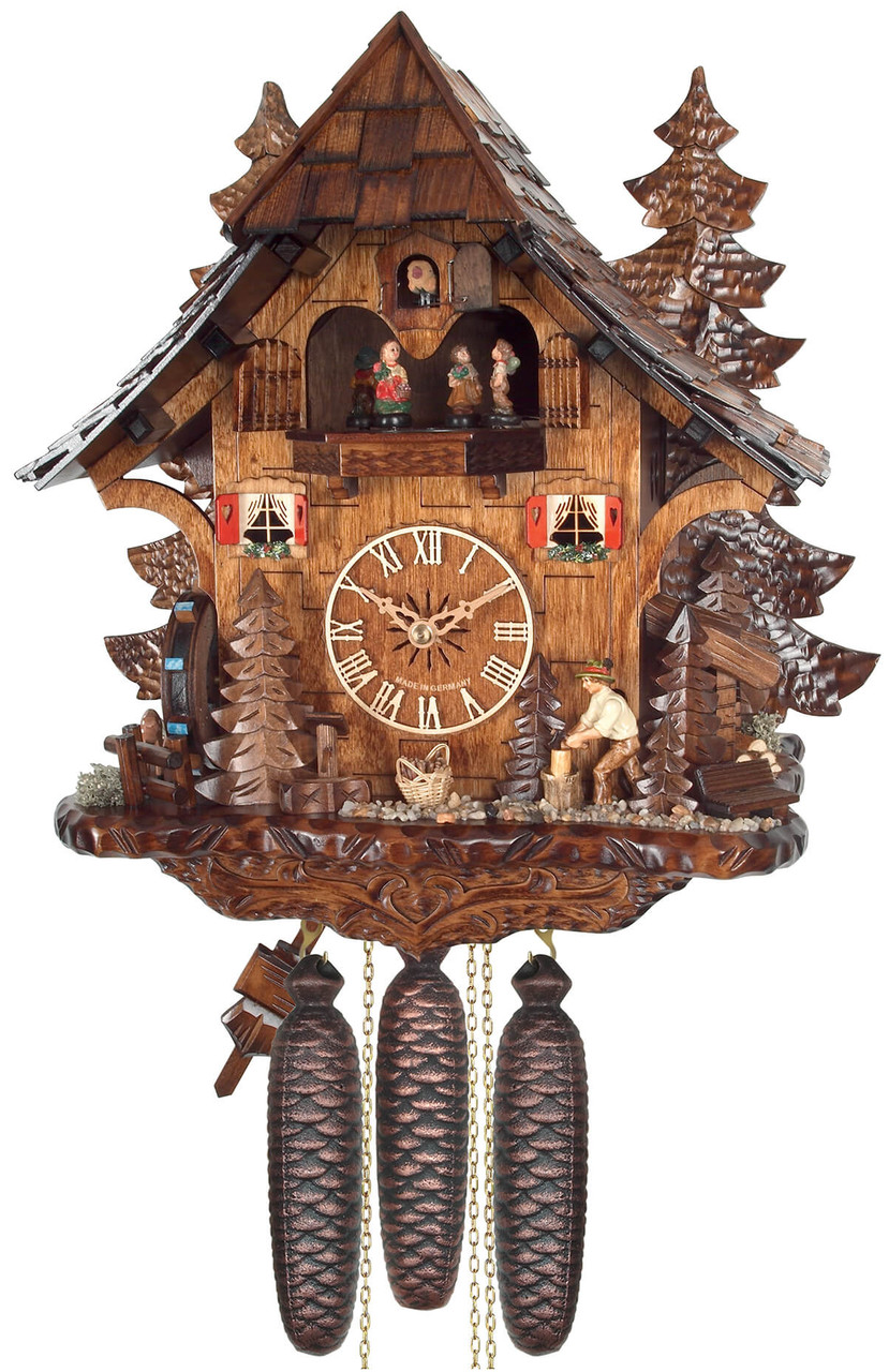 Horloge coucou m&eacute;canique 8 jours musical b&ucirc;cheron roue du moulin