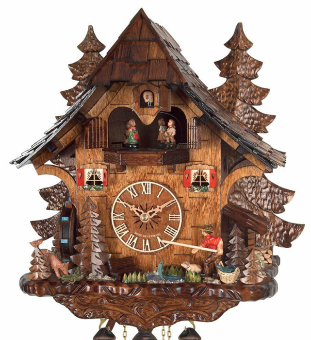 Horloge coucou mécanique 1 jour musical pêcheur 34 cm_gros plan