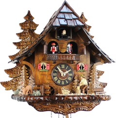 Horloge coucou mécanique 1 jour musical bûcheron forêt de sapins gros plan