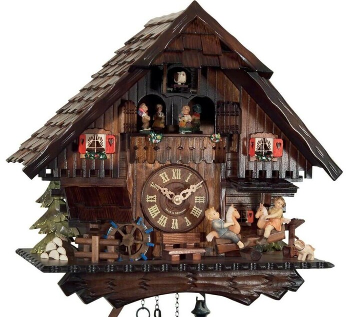 Horloge coucou mécanique 1 jour musical enfants cheval à bascule et danseurs gros plan