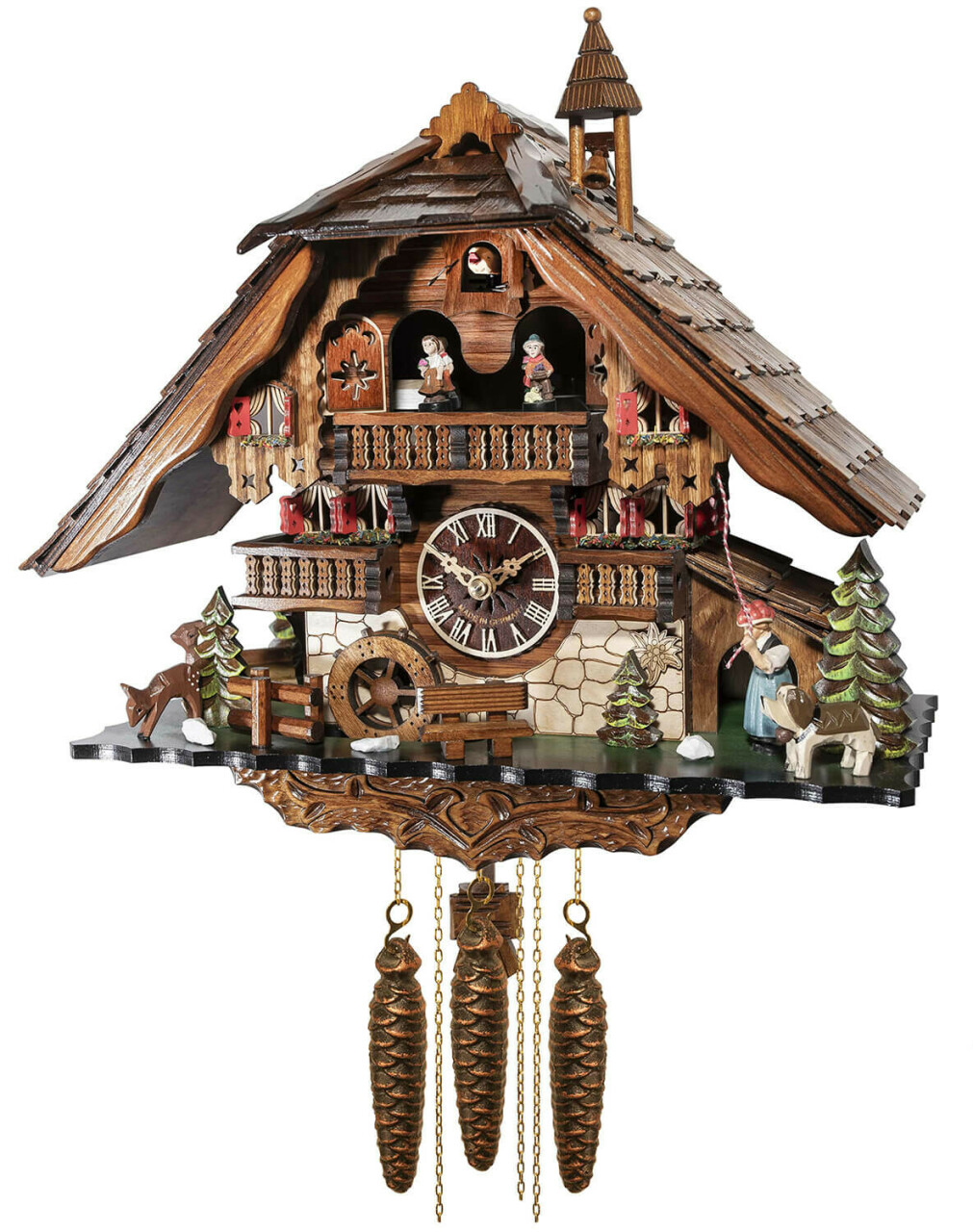 Horloge coucou m&eacute;canique musical 1 jour chalet fermi&egrave;re et clocher 40 cm