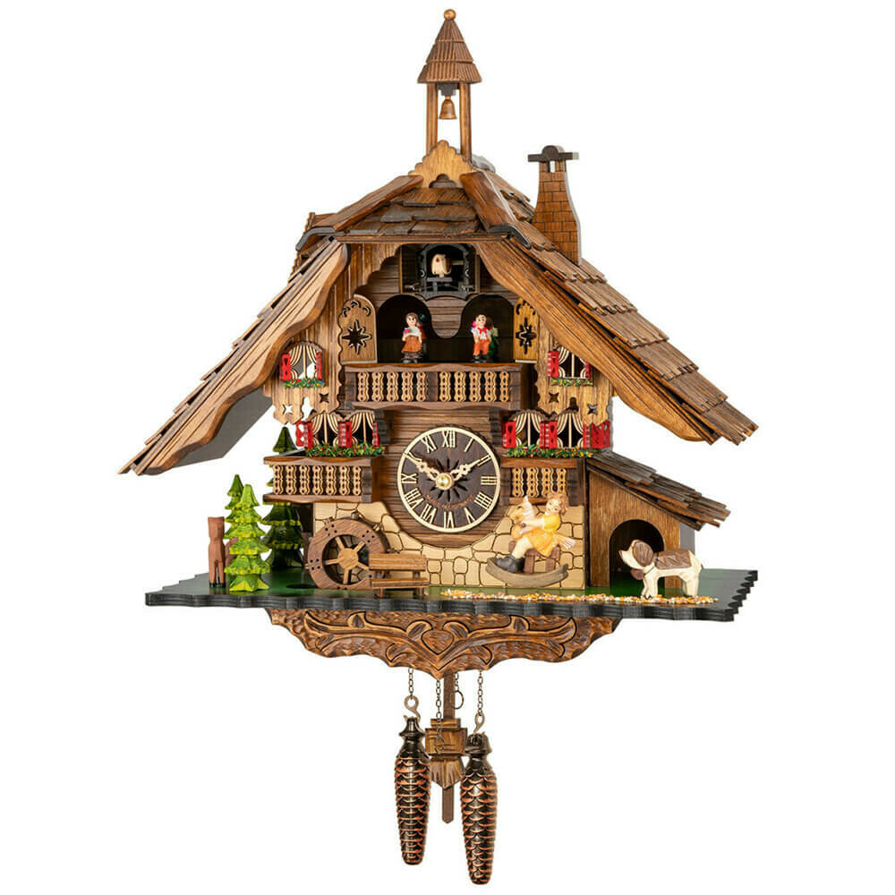 Horloge coucou chalet musical &agrave; piles cheval &agrave; bascule