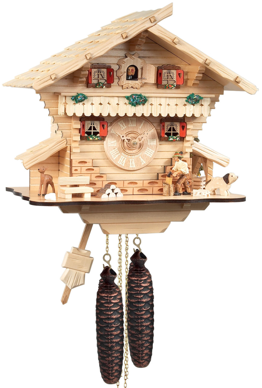 Horloge coucou m&eacute;canique chalet 8 jours b&ucirc;cheron en bois naturel