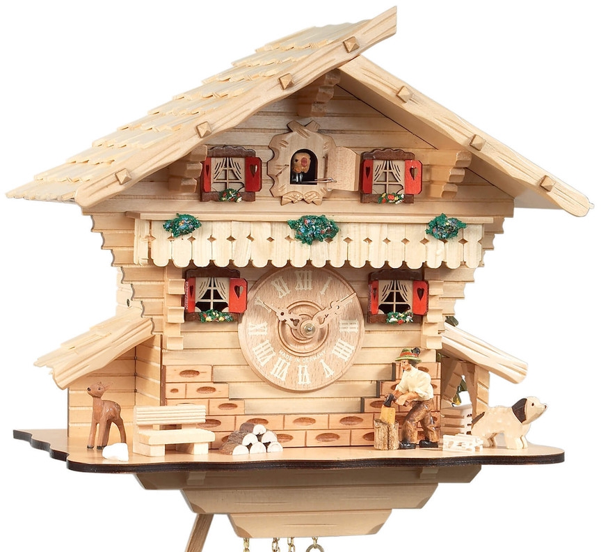 Horloge coucou m&eacute;canique chalet 8 jours b&ucirc;cheron en bois naturel gros plan