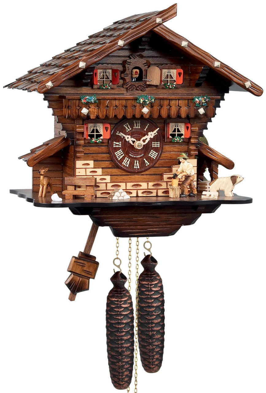 Horloge coucou m&eacute;canique chalet 8 jours b&ucirc;cheron en bois de noyer