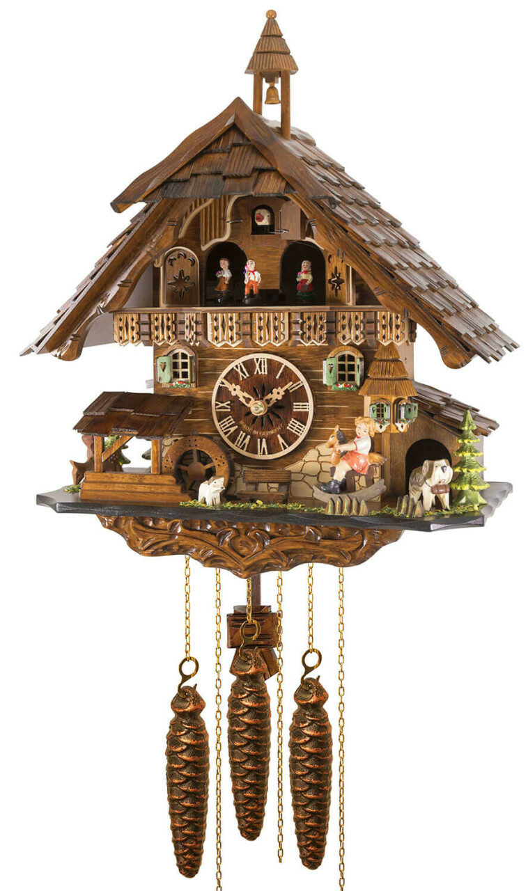 Horloge coucou m&eacute;canique musical 1 jour chalet fillette sur balancelle 40 cm