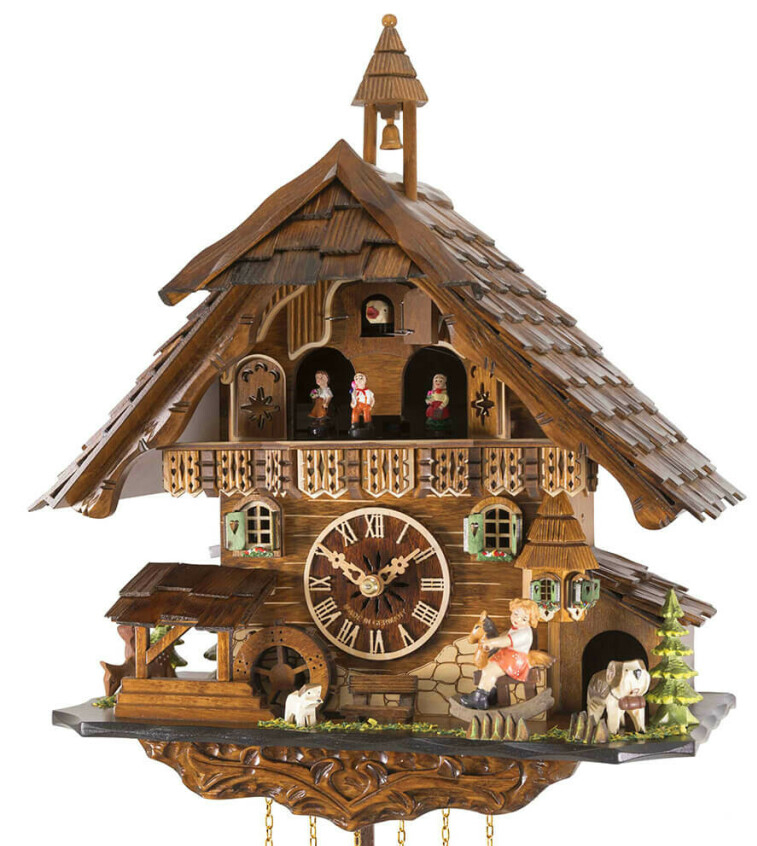 Horloge coucou m&eacute;canique musical 1 jour chalet fillette sur balancelle 40 cm_zoom