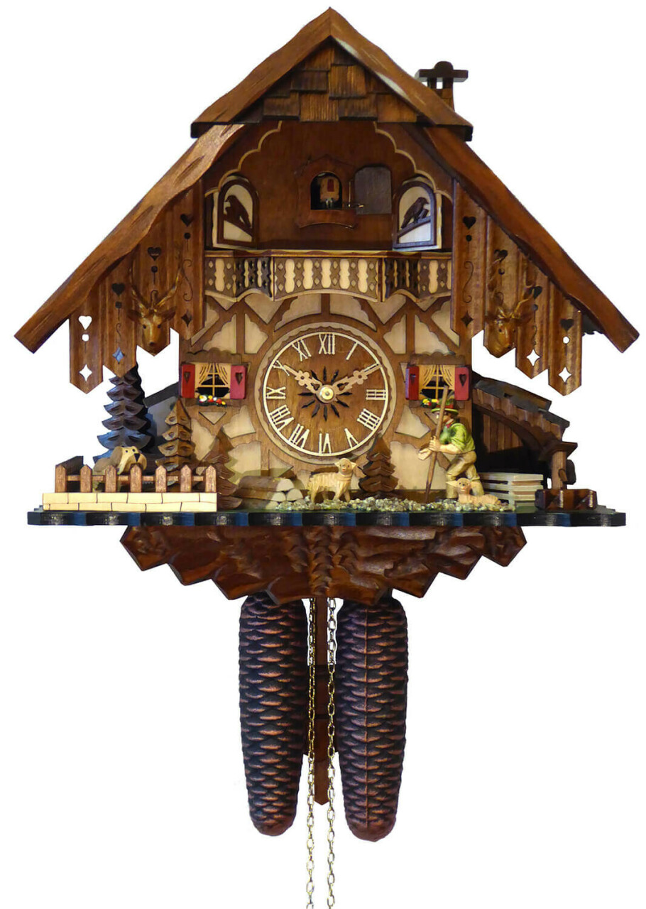 Horloge coucou m&eacute;canique 8 jours chalet berger et moutons 35 cm