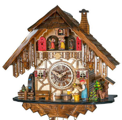 Horloge coucou m&eacute;canique musical 8 jours buveur de bi&egrave;re et danseurs 35 cm zoom