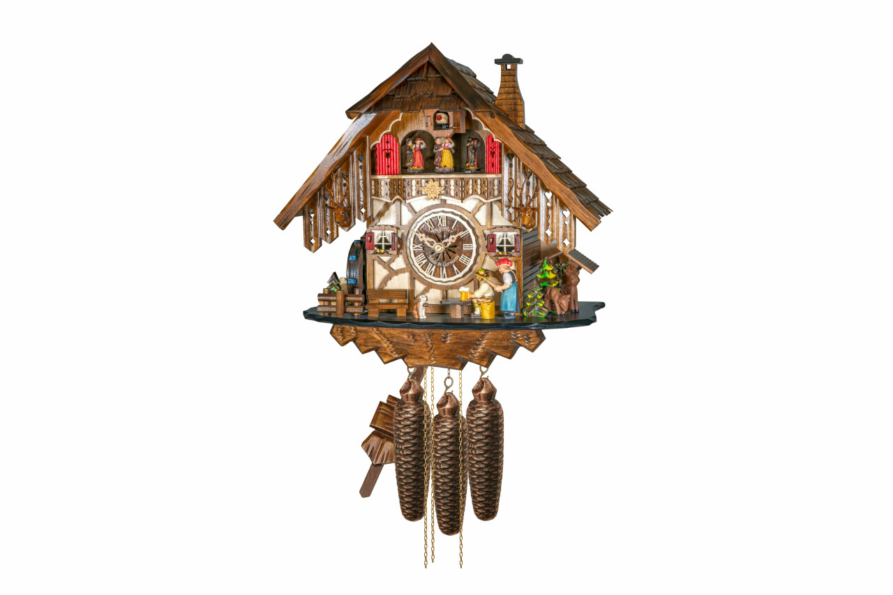 Horloge coucou m&eacute;canique musical 8 jours buveur de bi&egrave;re et danseurs 35 cm