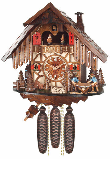 Horloge coucou m&eacute;canique musical 8 jours 2 b&ucirc;cherons, roue moulin et danseurs 36 cm