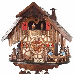 Horloge coucou mécanique musical 8 jours 2 bûcherons, roue moulin et danseurs 36 cm_zoom