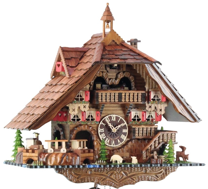 Horloge coucou musical &agrave; piles &quot;Petit train&quot; chalet 50 cm_facade