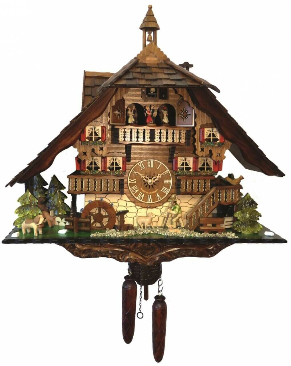 Horloge coucou chalet musical &agrave; piles 2 &eacute;tages berger et danseurs