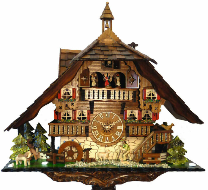Horloge coucou chalet musical à piles 2 étages berger et danseurs_zoom