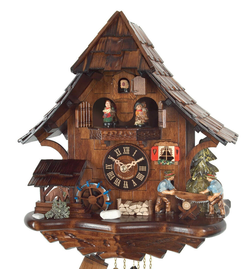 Horloge coucou m&eacute;canique musical 1 jour chalet coupeurs de bois 35 cm_zoom