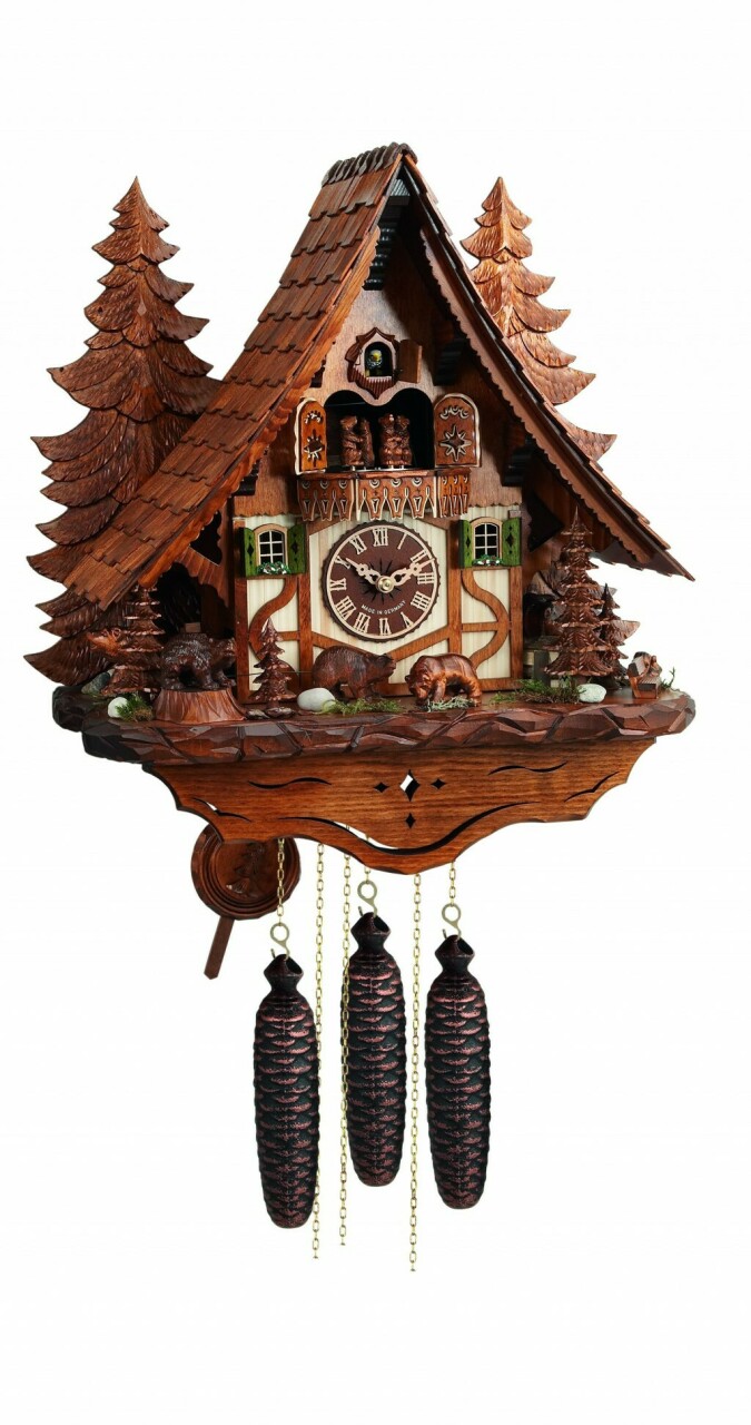 Horloge coucou chalet m&eacute;canique musical 8 jours famille ours 45 cm
