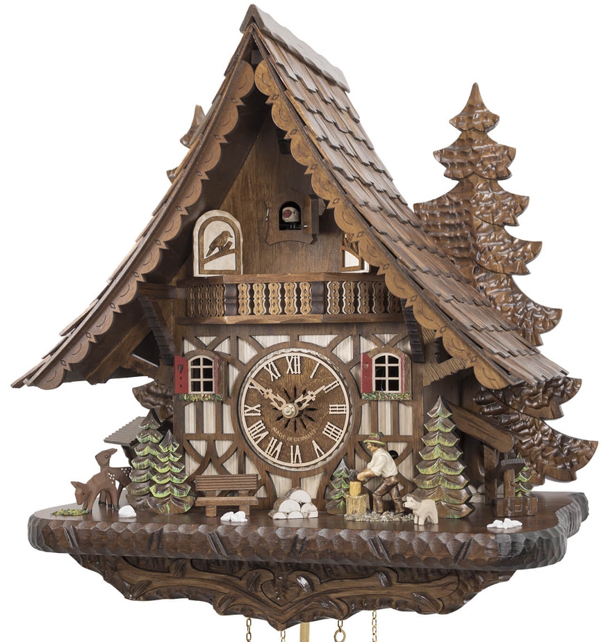 Horloge coucou m&eacute;canique traditionnel 8 jours chalet color&eacute; sculpt&eacute; b&ucirc;cheron 44 cm_zoom