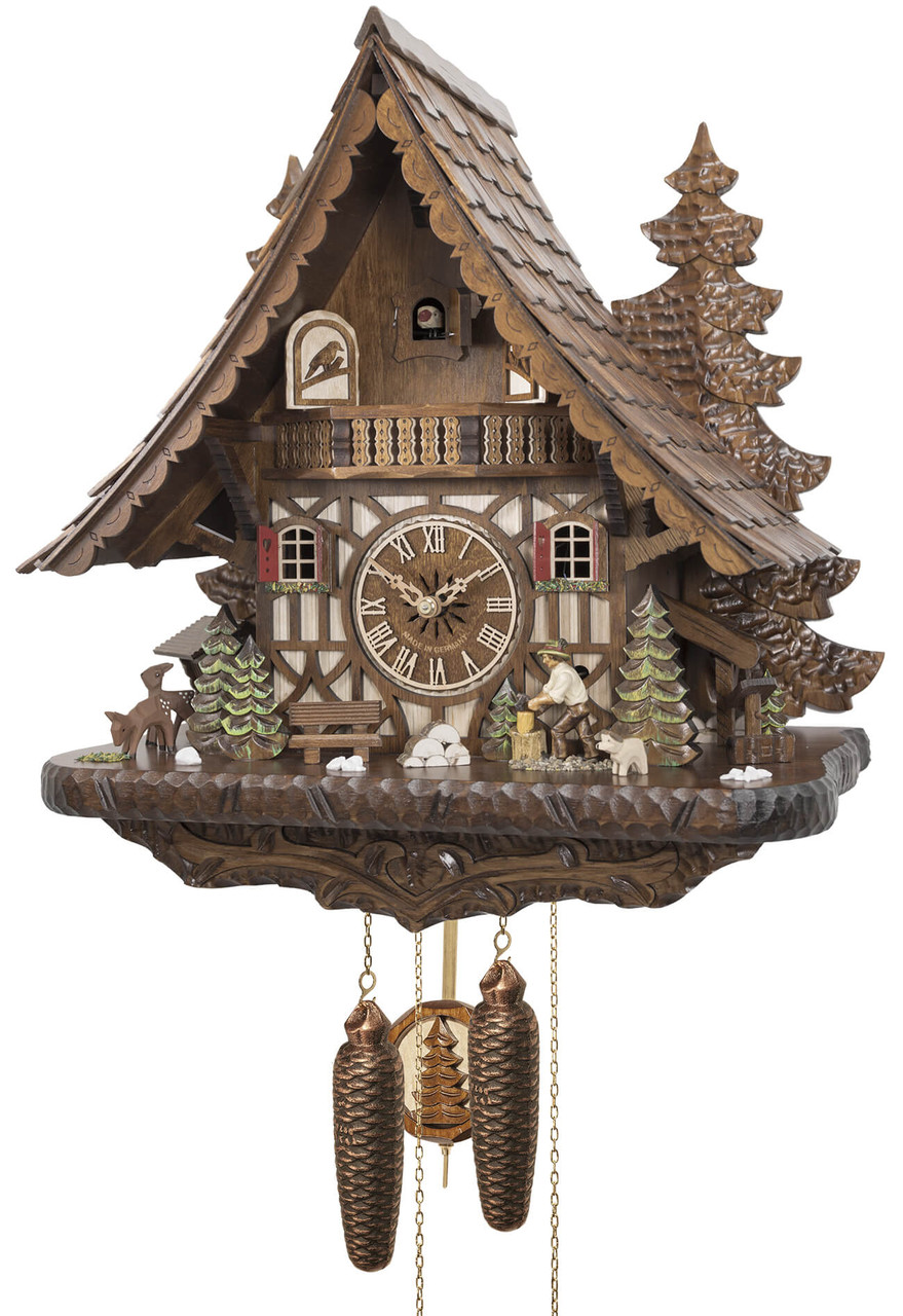 Horloge coucou m&eacute;canique traditionnel 8 jours chalet color&eacute; sculpt&eacute; b&ucirc;cheron 44 cm