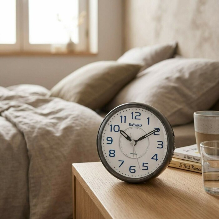 R&eacute;veil silencieux Bayard gris rond &eacute;clairage bleu_lifestyle