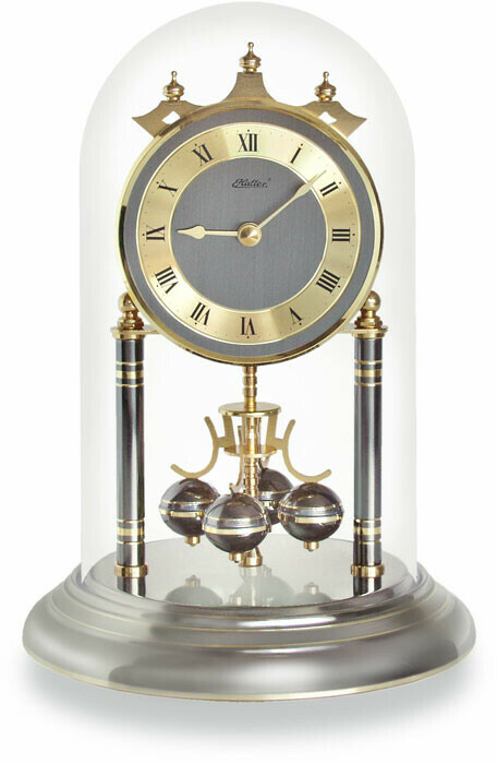 Pendule 400 jours grise et dorée sous cloche chiffres romains noirs