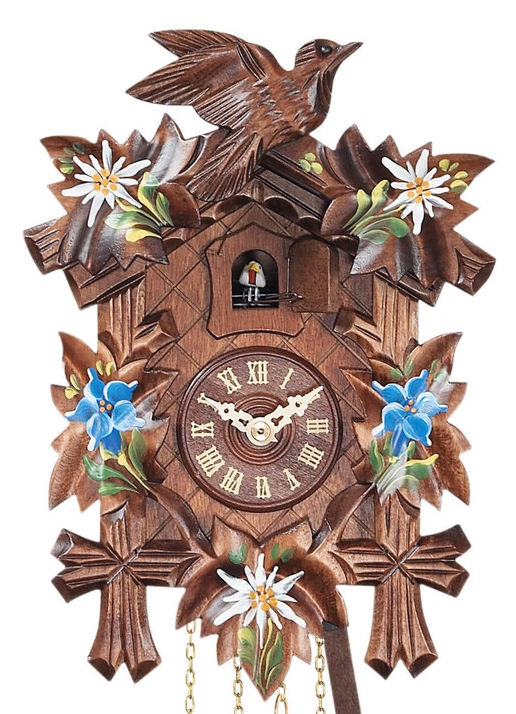 Horloge coucou musical fleurs bleues et blanches