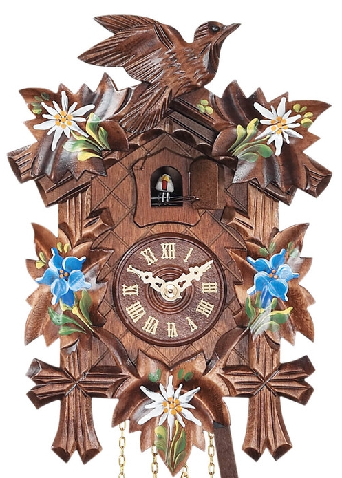 Horloge coucou &agrave; piles &agrave; m&eacute;lodie oiseau fleurs bleues gros plan