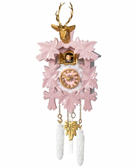 Horloge coucou moderne rose et dorée à piles