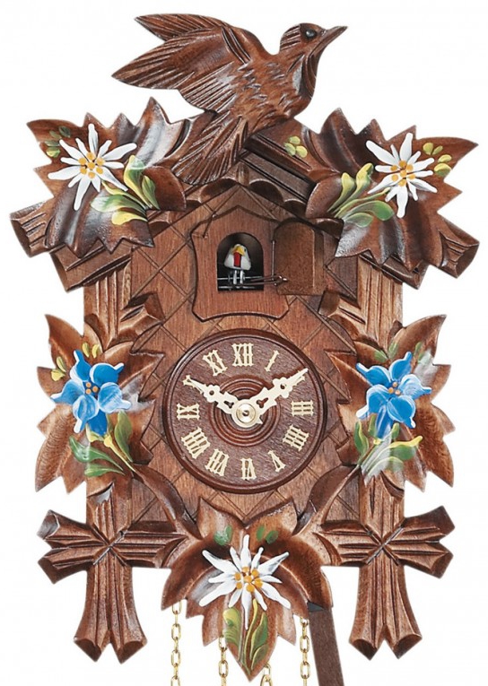 Horloge coucou &agrave; piles oiseau fleurs bleues et blanches 22 cm gros plan