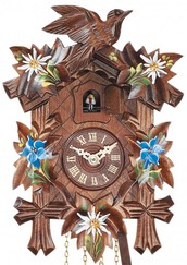 Horloge coucou à piles oiseau fleurs bleues et blanches 22 cm gros plan