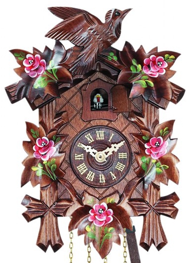 Horloge coucou bois oiseau fleurs roses peintes