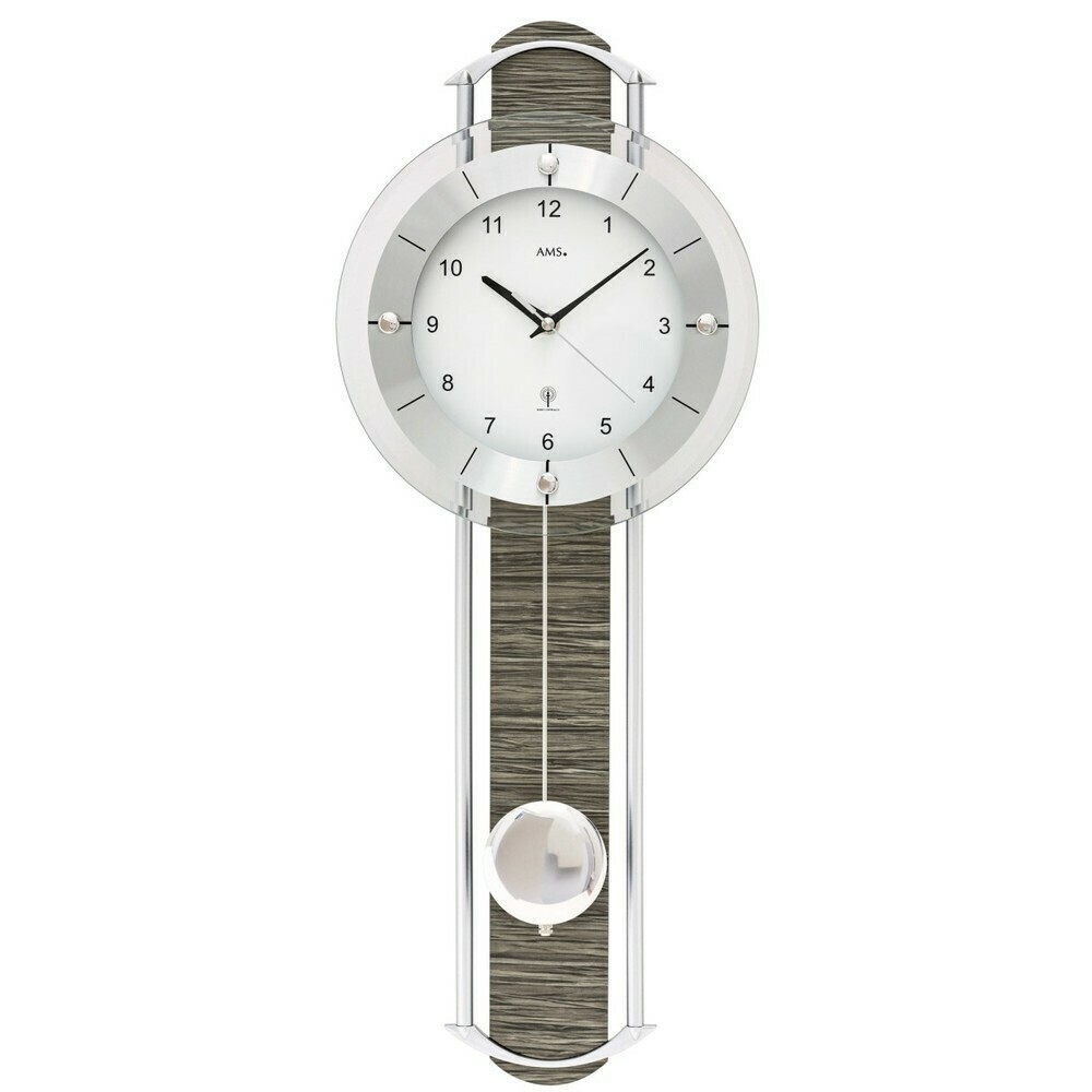 Pendule murale &agrave; balancier radio-pilot&eacute;e moderne en bois gris