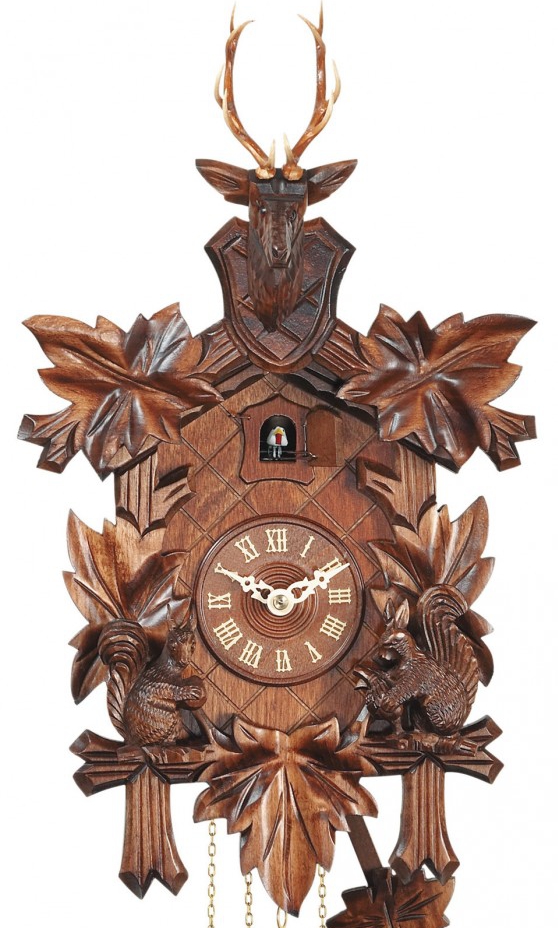 Horloge coucou &agrave; m&eacute;lodie &eacute;cureuils et cerf gros plan