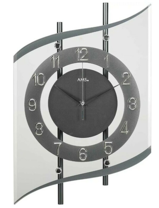 Pendule murale radio-pilotée en métal gris et verre