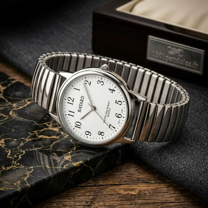 Montre &agrave; quartz argent&eacute;e pour femme bracelet extensible_details