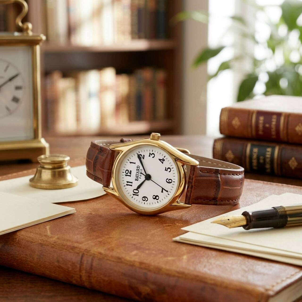 Montre &agrave; quartz ronde dor&eacute;e pour dame bracelet marron_lifestyle