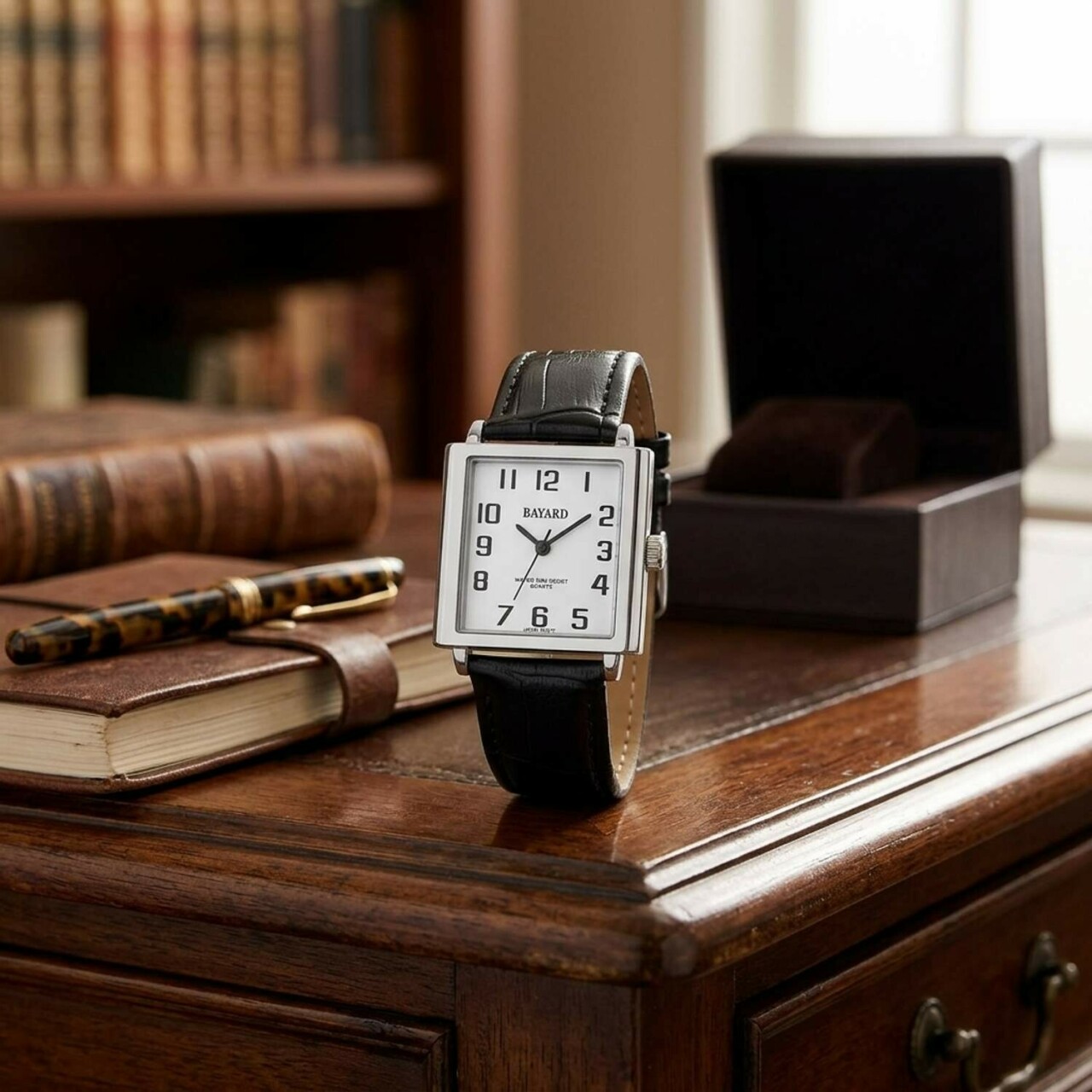 Montre carr&eacute;e pour homme boitier argent&eacute; bracelet noir_lifestyle