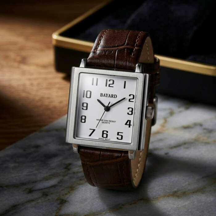 Montre carr&eacute;e pour homme boitier argent&eacute; bracelet marron_details