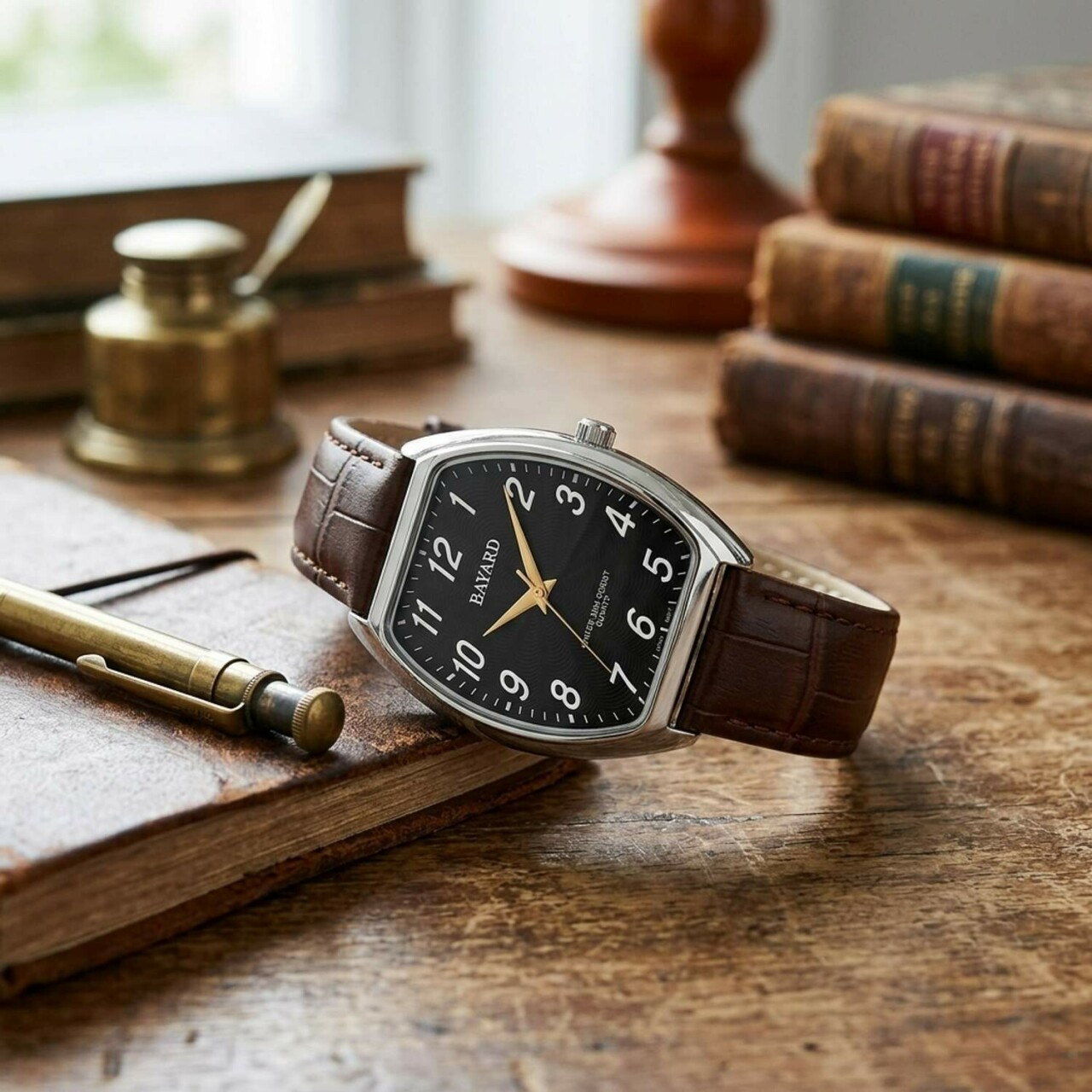 Montre &agrave; quartz forme tonneau pour homme boitier argent&eacute; cadran noir bracelet marron_lifestyle