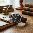 Montre &agrave; quartz forme tonneau pour homme boitier argent&eacute; cadran noir bracelet marron_lifestyle