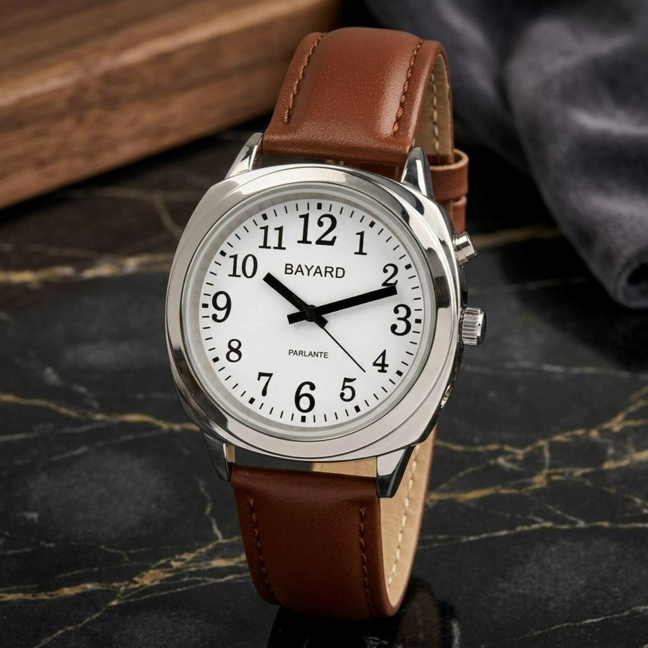 Montre parlante boitier m&eacute;tal bracelet marron_details